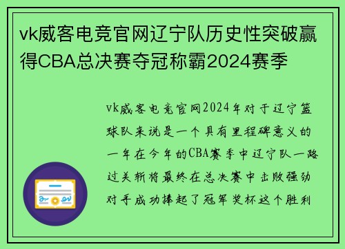 vk威客电竞官网辽宁队历史性突破赢得CBA总决赛夺冠称霸2024赛季